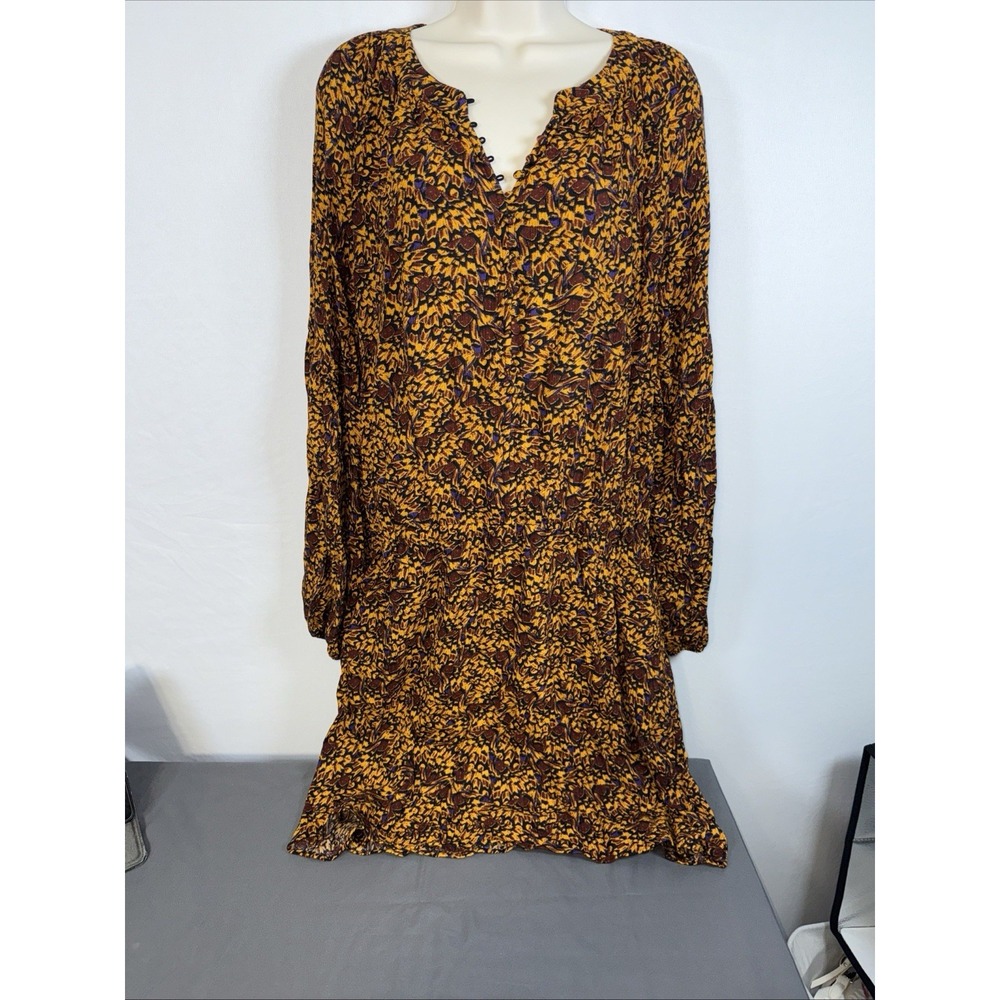 White‎ House Black Market Long Sleeve Smocked Waist Blouson Dress Yellow Rust M